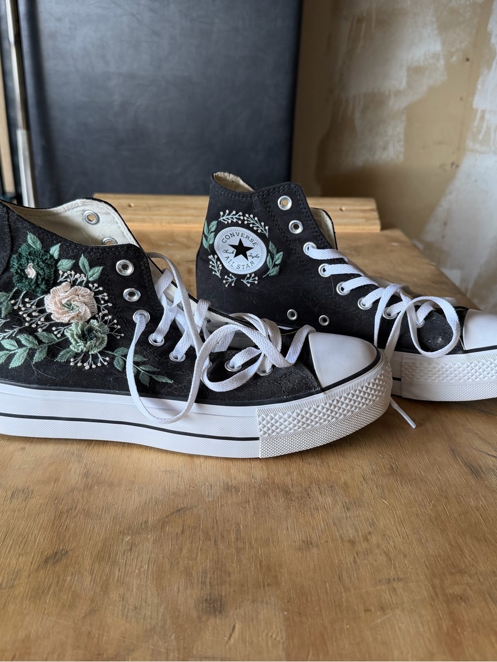 Converse High Top Sneakers in Black with Green and Cream Floral Embroidery